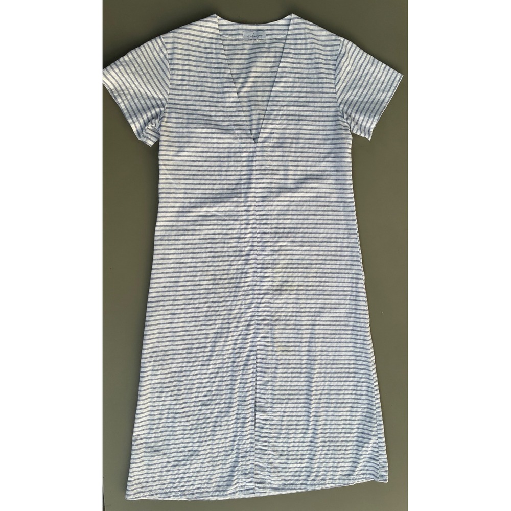 LJC Designs Blue White Striped Linen Midi Dress V-Neck Short Sleeve Size L